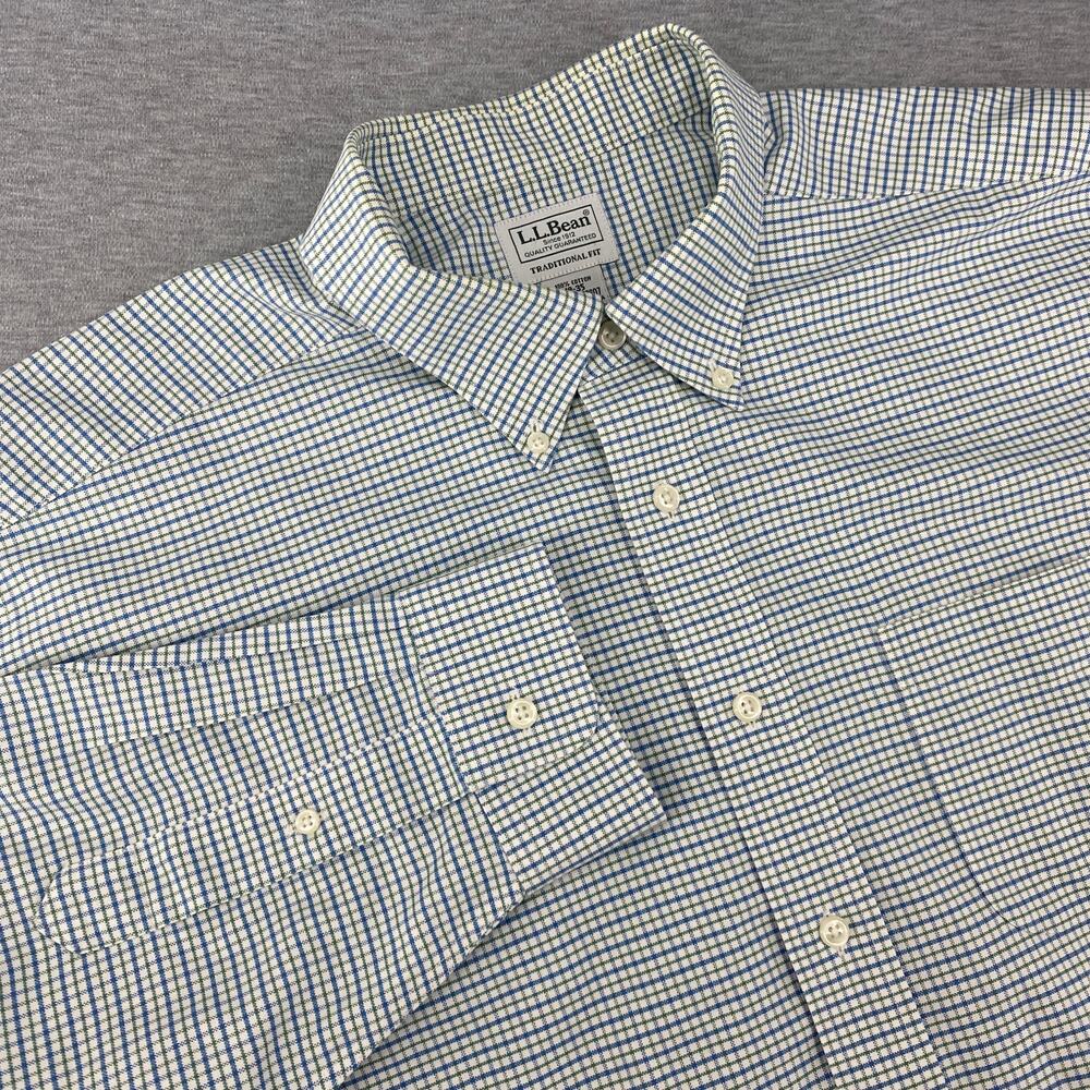 LL Bean Mens‎ Traditional Fit Button Up Blue Green Plaid Long Sleeve 18-35